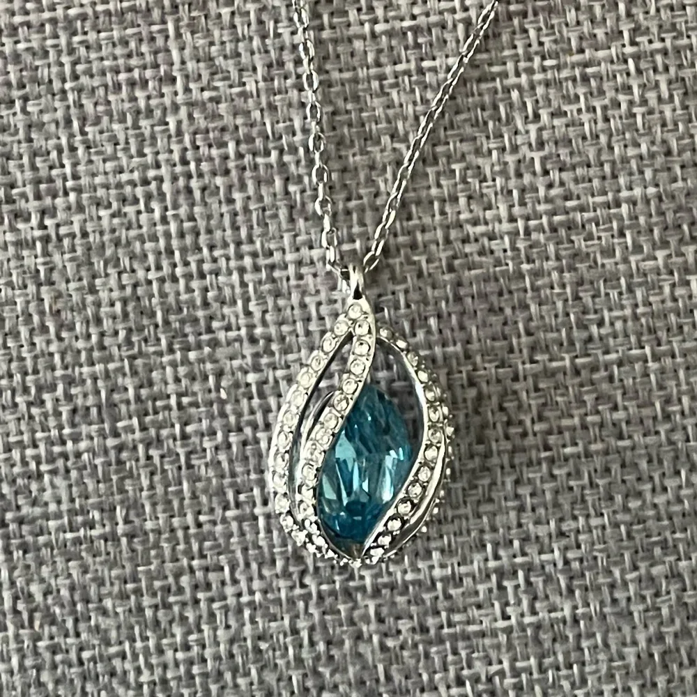 Silver Tone Teardrop Necklace with Blue Crystal & Pavé Accents